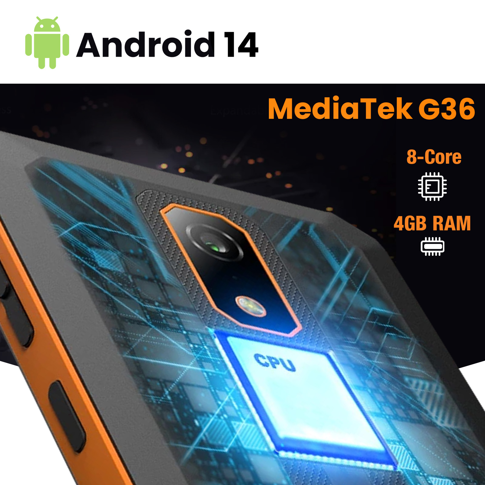 Nahaufnahme eines Smartphones mit CPU, 8-Kern, 4GB RAM Spezifikationen, Android 14 Logo oben.