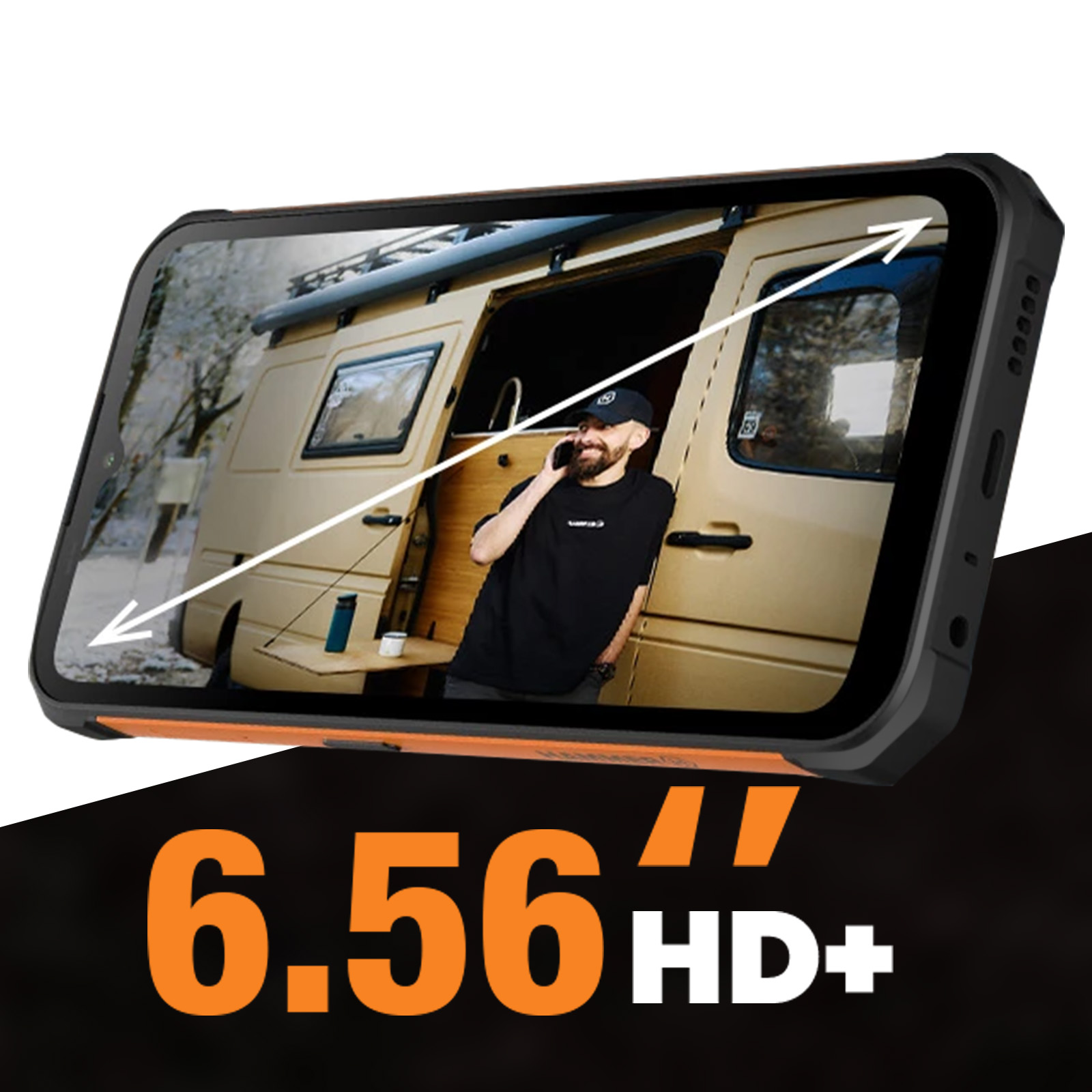 Ekran smartfona pokazuje mężczyznę w vanie rozmawiającego przez telefon. Ekran wyświetla 6,56" HD+.