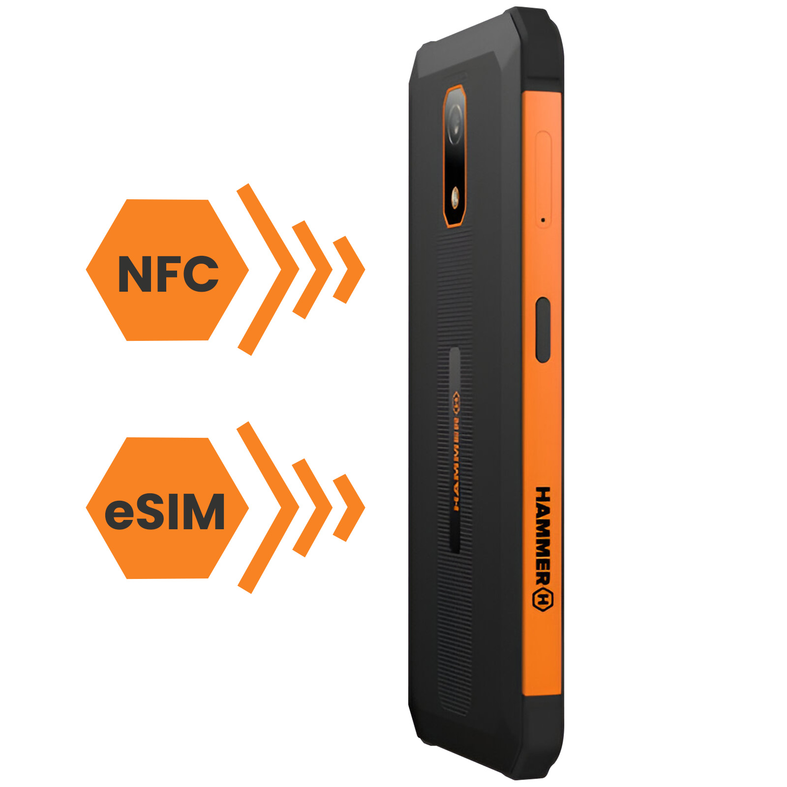 Czarno-pomarańczowy smartfon, ikony NFC i eSIM po lewej.