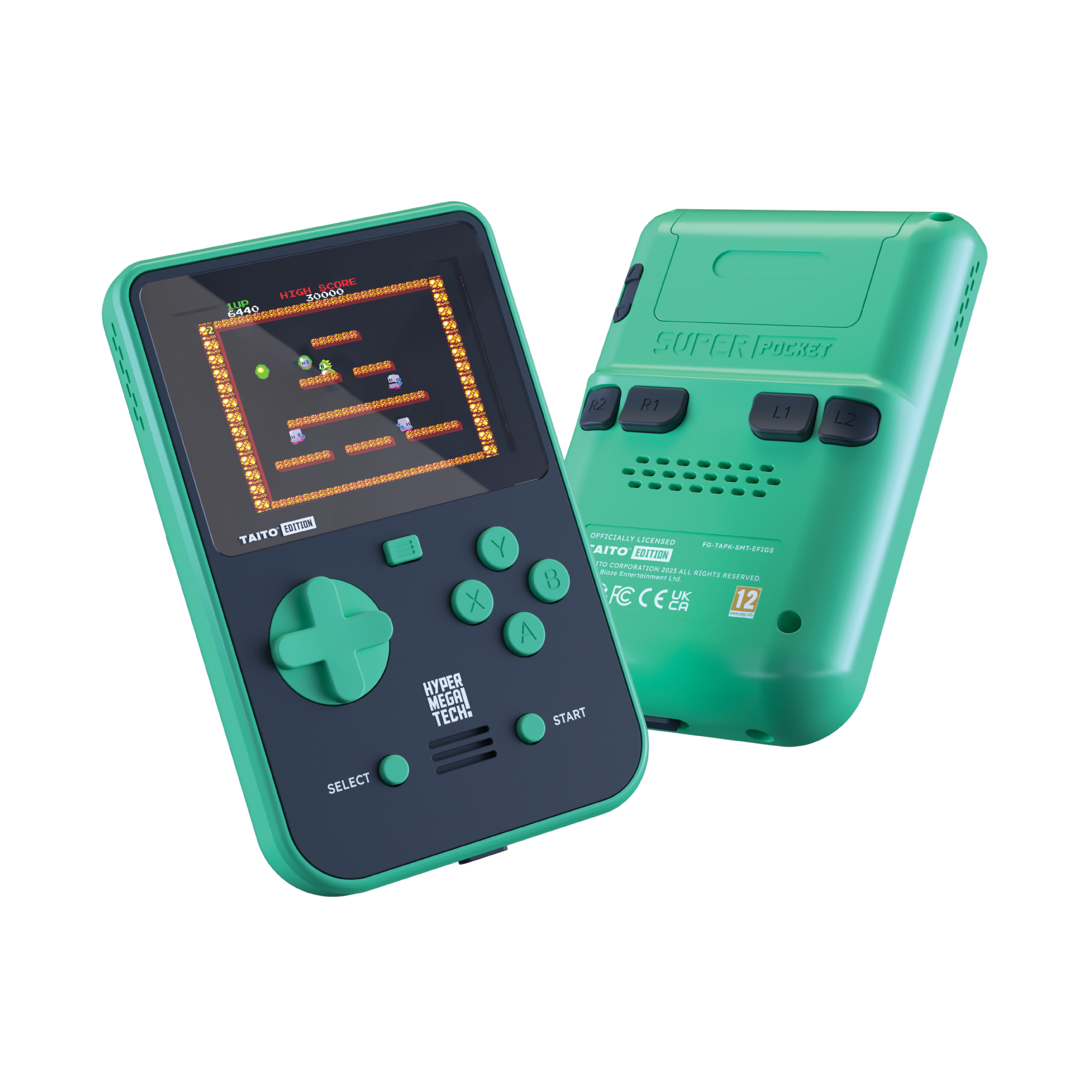 Dwie przenośne konsole do gier. Zielony korpus, czarne przyciski, ekran pokazujący grę wideo.