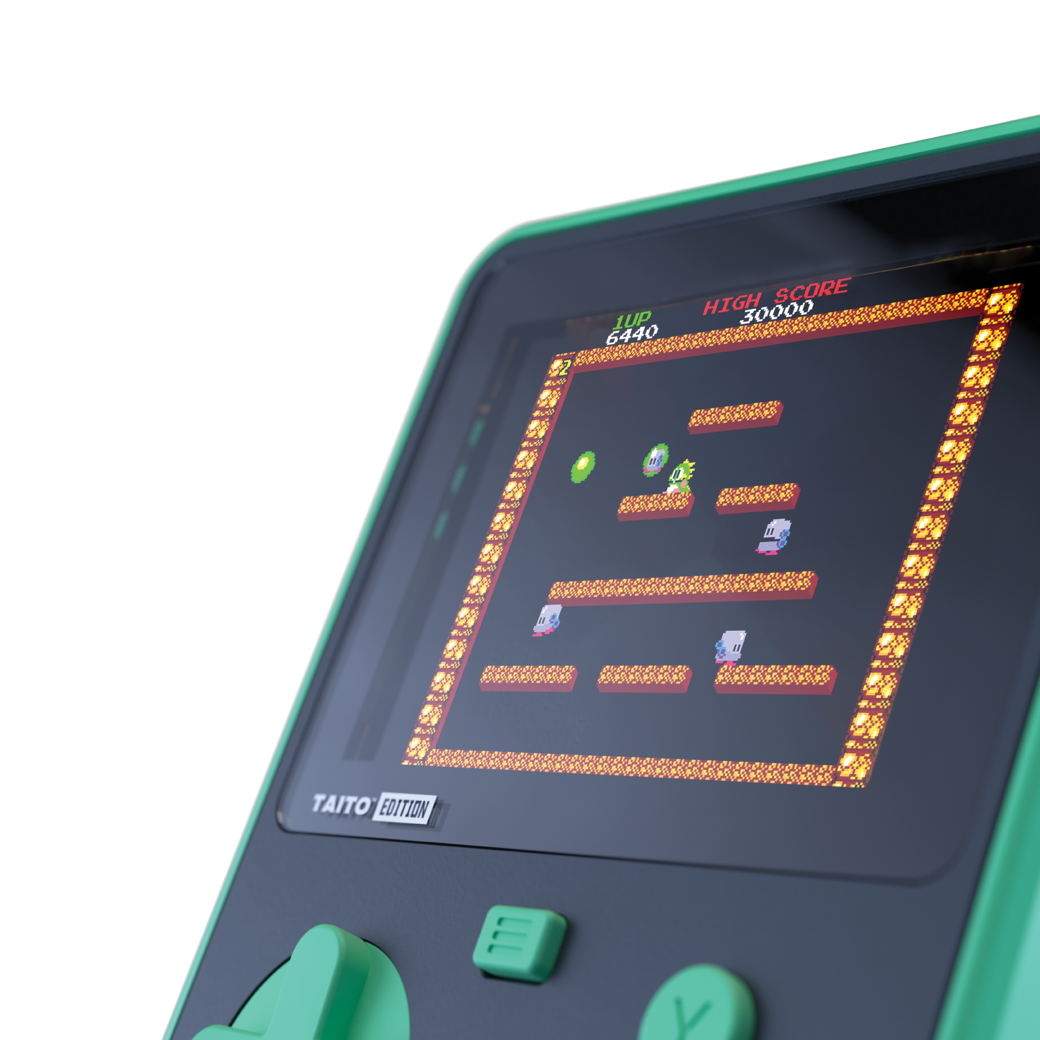 Konsola do gier retro pokazująca pikselowaną grę z zieloną obudową.