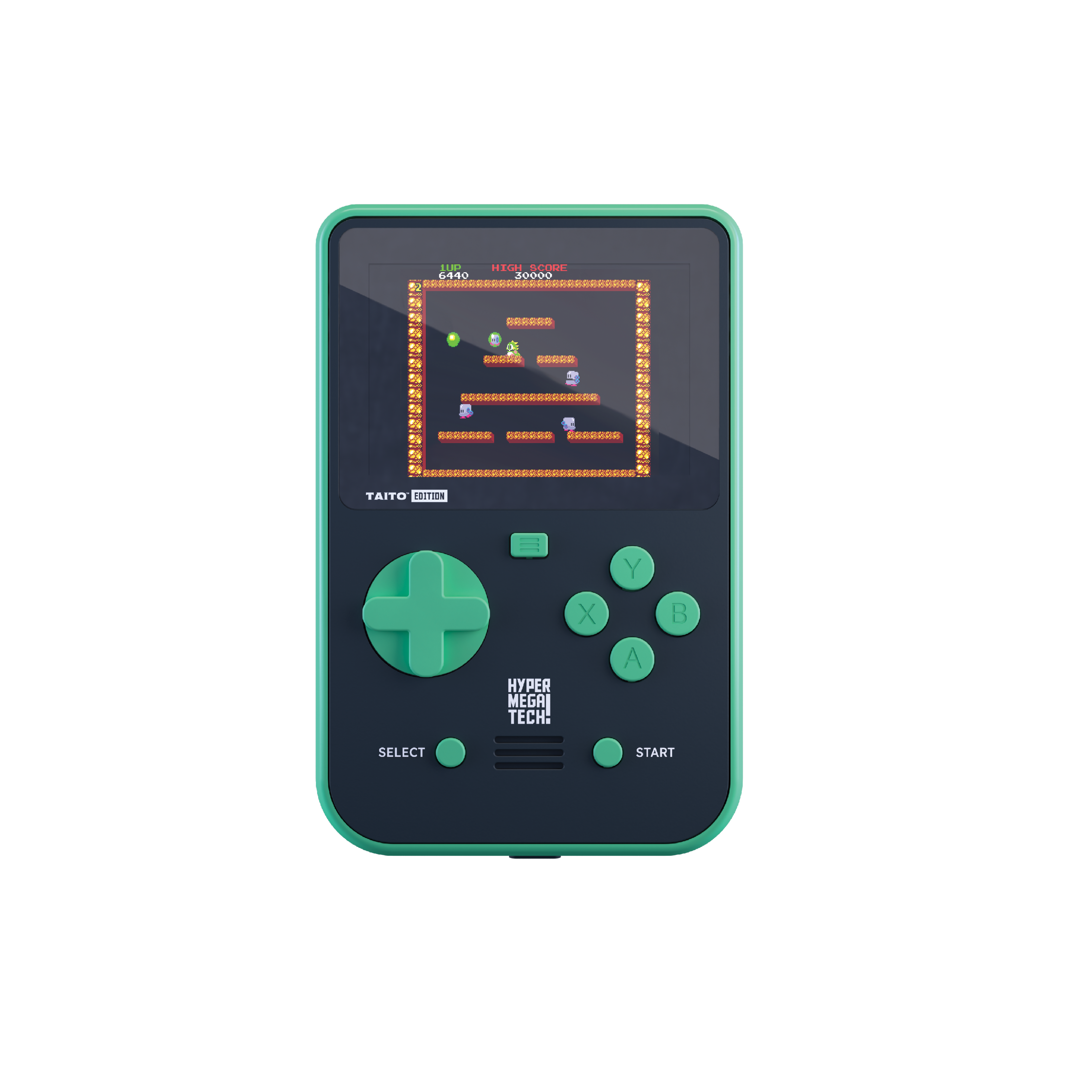 Przenośna konsola do gier z zielonym D-padem i przyciskami. Gra na ekranie.