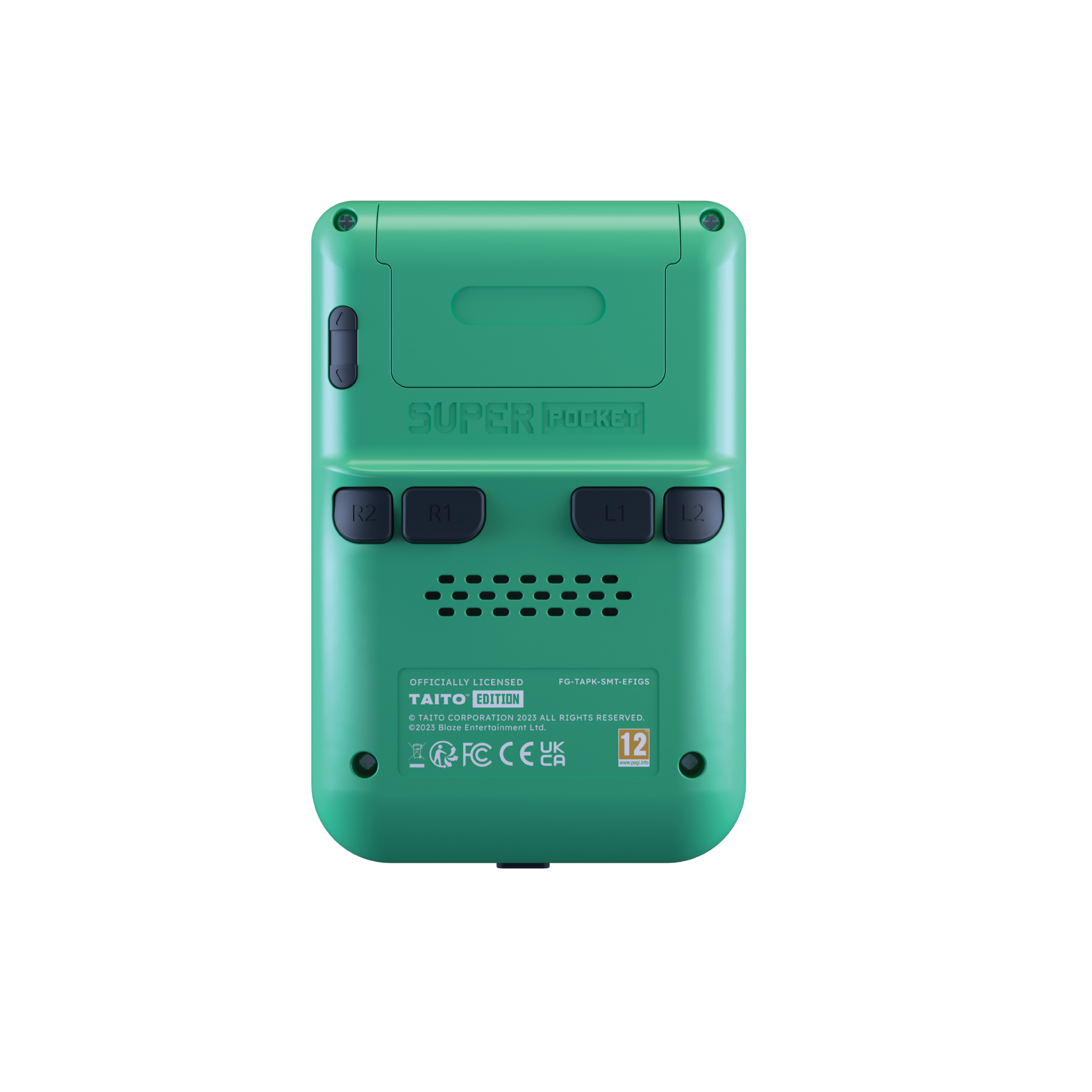 Tył zielonej konsoli przenośnej. Tekst: Super Pocket, Taito Edition, przyciski R2, R1, L1, L2.