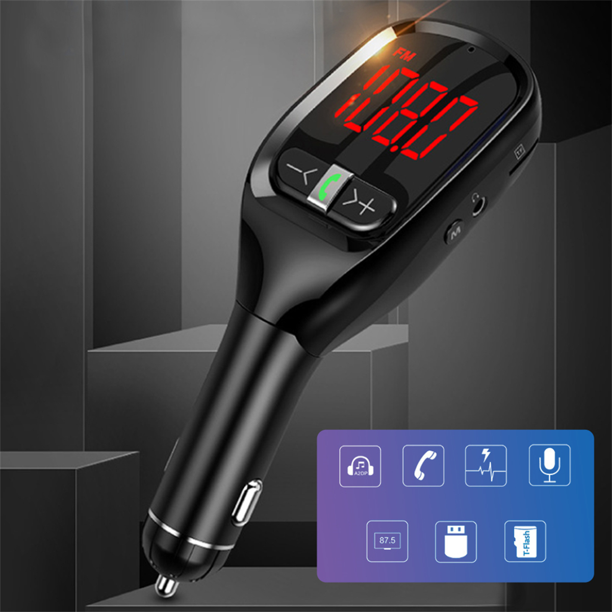 Schwarzes Autoladegerät mit LED-Bildschirm. Symbole zeigen Telefon, Musik und Laden.