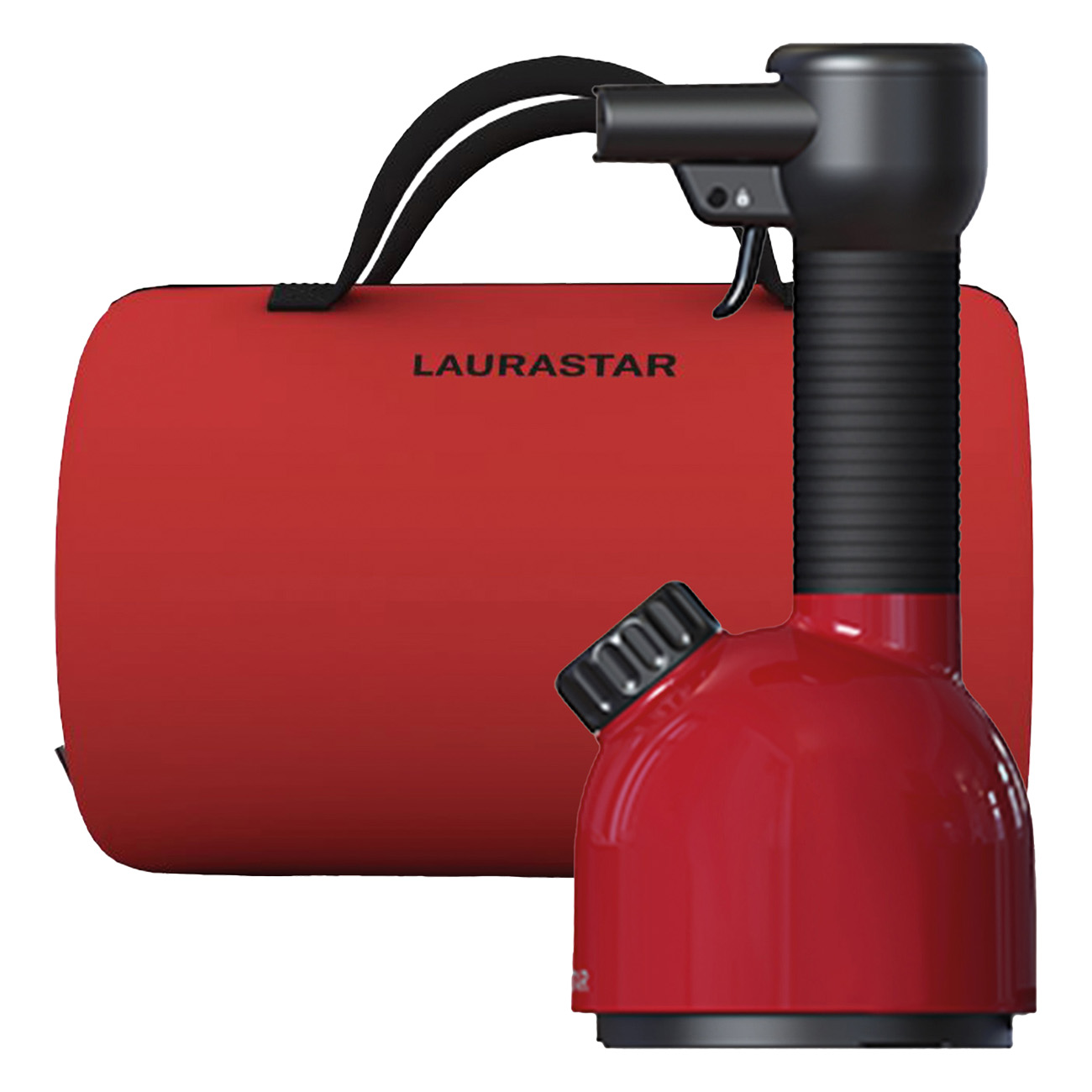 Rotes Bügeleisen mit schwarzem Griff und eine rote Reisetasche. Das Bügeleisen steht vor weißem Hintergrund.