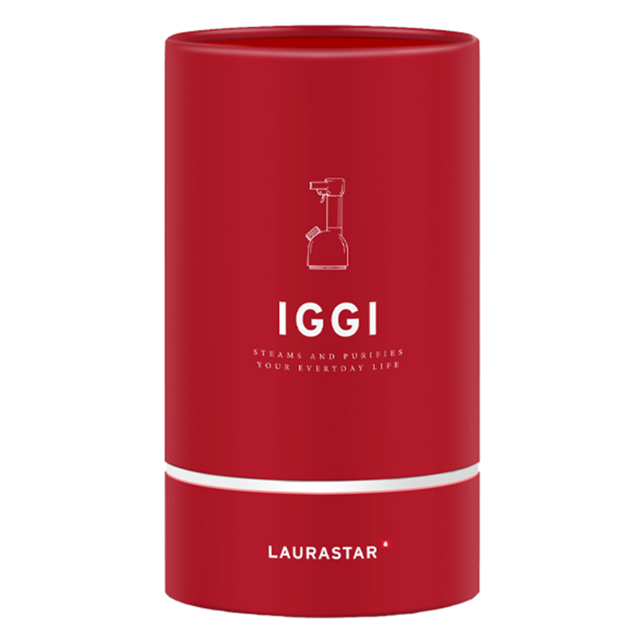 Rote zylindrische Box mit dem Wort "IGGI" und einem Bild eines Dampfers. Weißer Hintergrund.