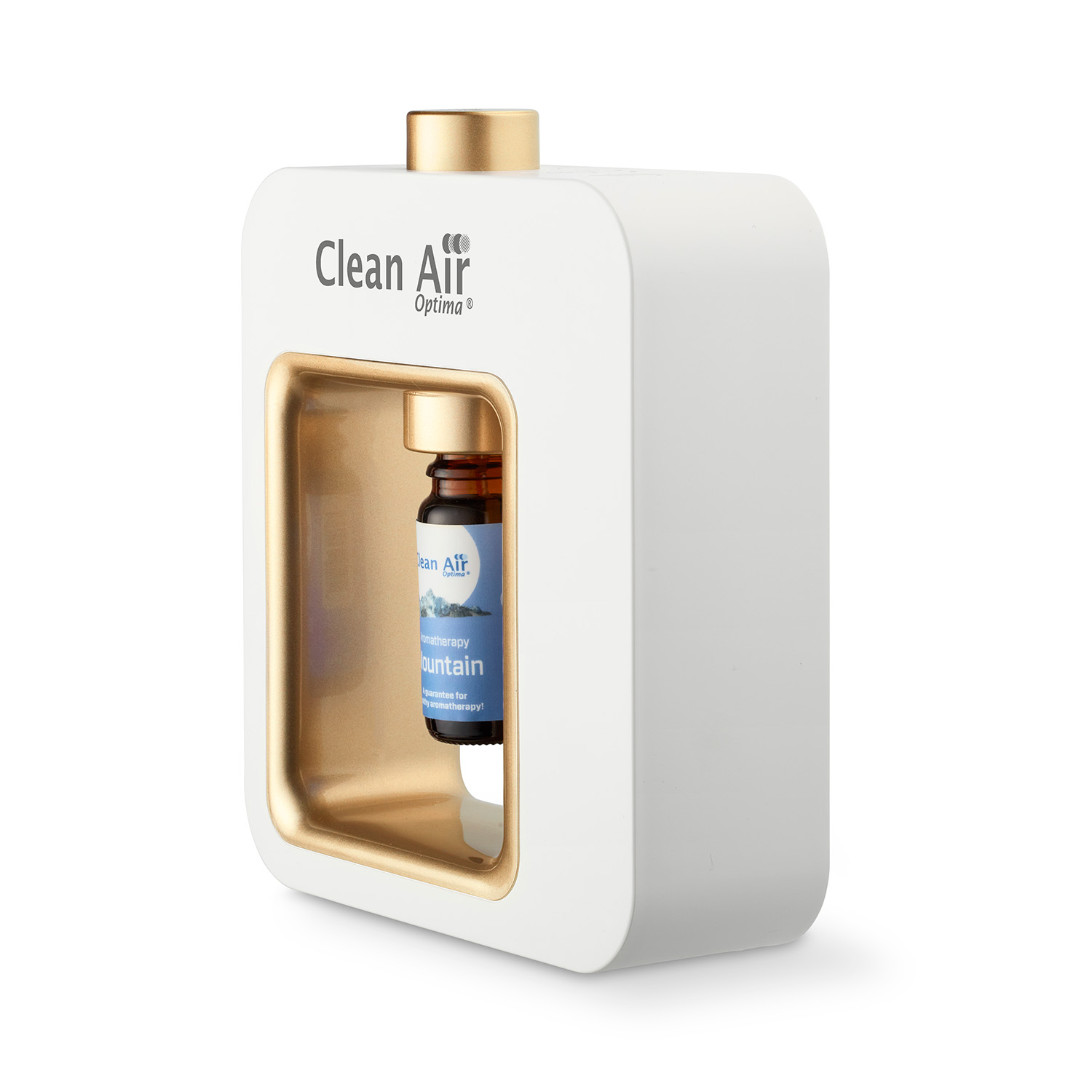 Ein weißer und goldener Lufterfrischer mit einer braunen Flasche ätherischen Öls.