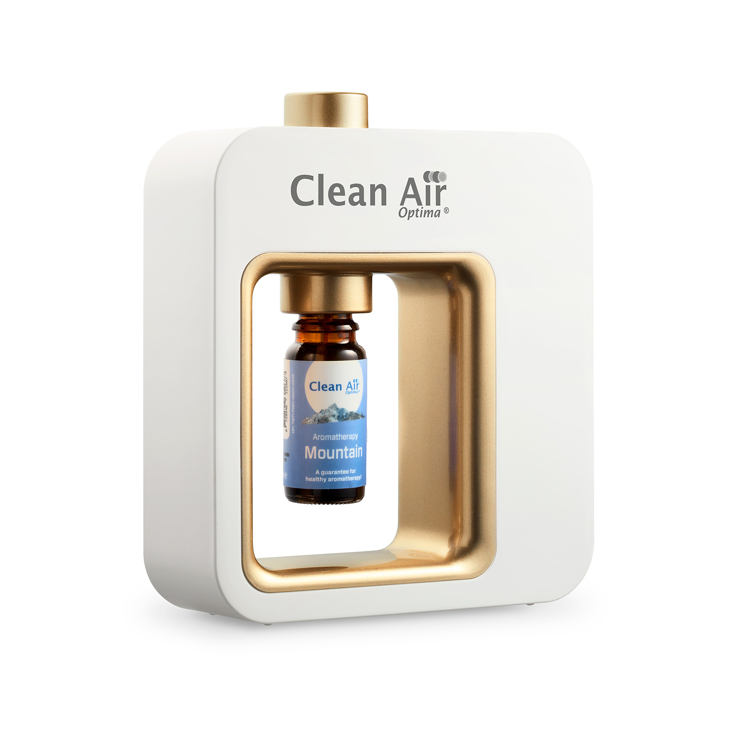 Weißer und goldfarbener Aromatherapie-Diffusor mit Ölflasche. Markenname sichtbar.