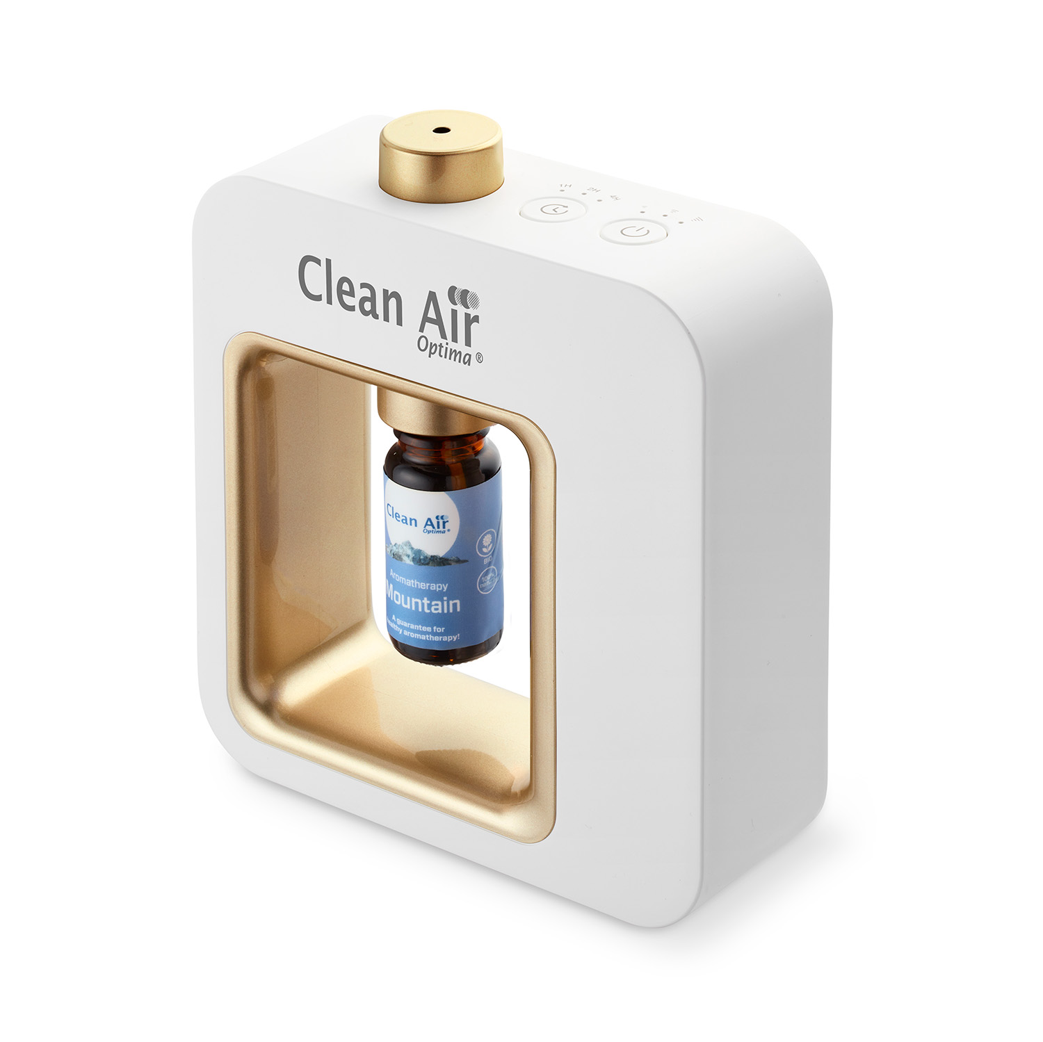 Ein weiß-goldener Luftreiniger mit einer Glasflasche Aromatherapieöl im Inneren.