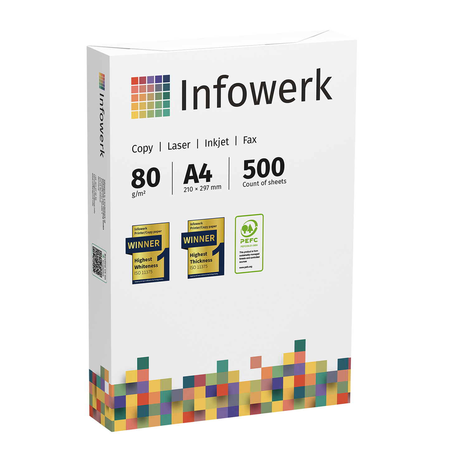 Papierbox. Weiß mit bunten Quadraten und dem 'Infowerk'-Logo. Enthält 500 Blatt.