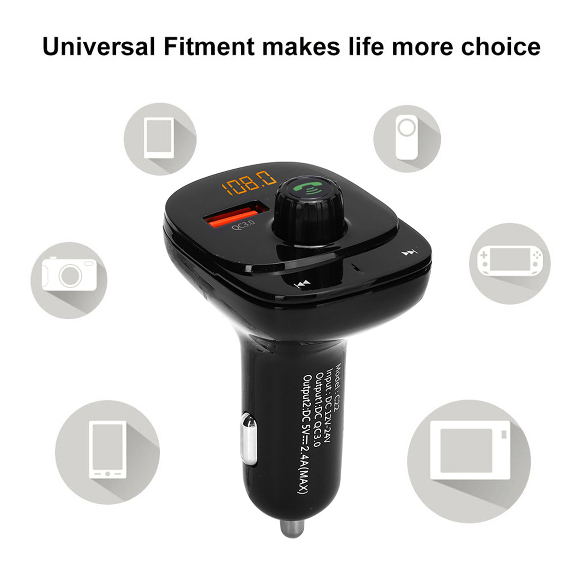 Schwarzer Auto-FM-Transmitter mit Bildschirm und Knöpfen. Umgeben von Symbolen der Geräte, mit denen er sich verbinden kann.