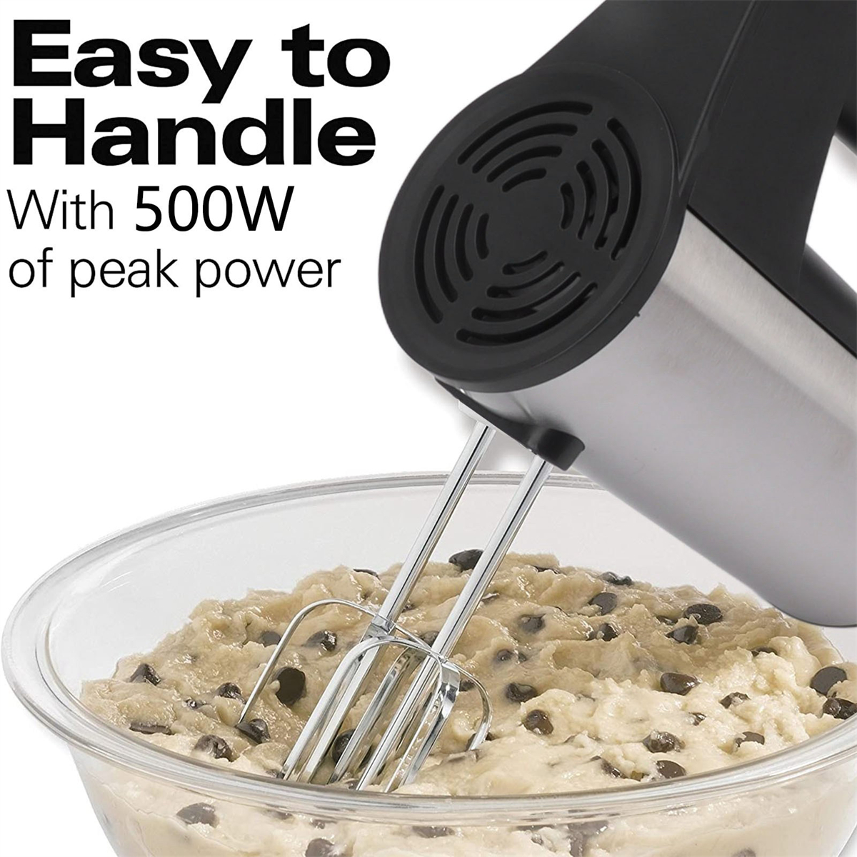 Handmixer, der Teig mit Schokostückchen in einer Glasschüssel verrührt. Text: 'Easy to Handle'.