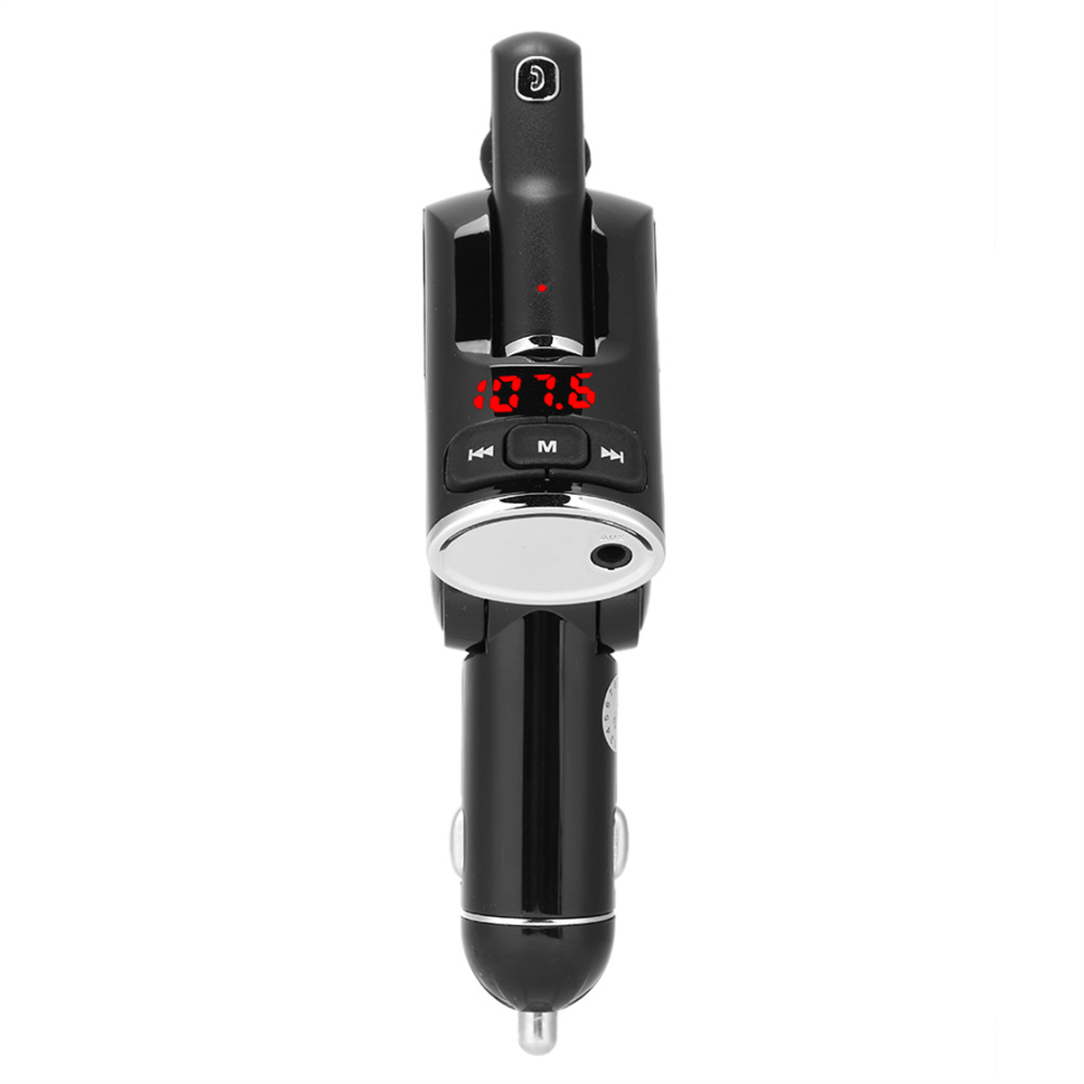 Schwarzer Auto-FM-Transmitter mit roter LED-Anzeige und mehreren Tasten.