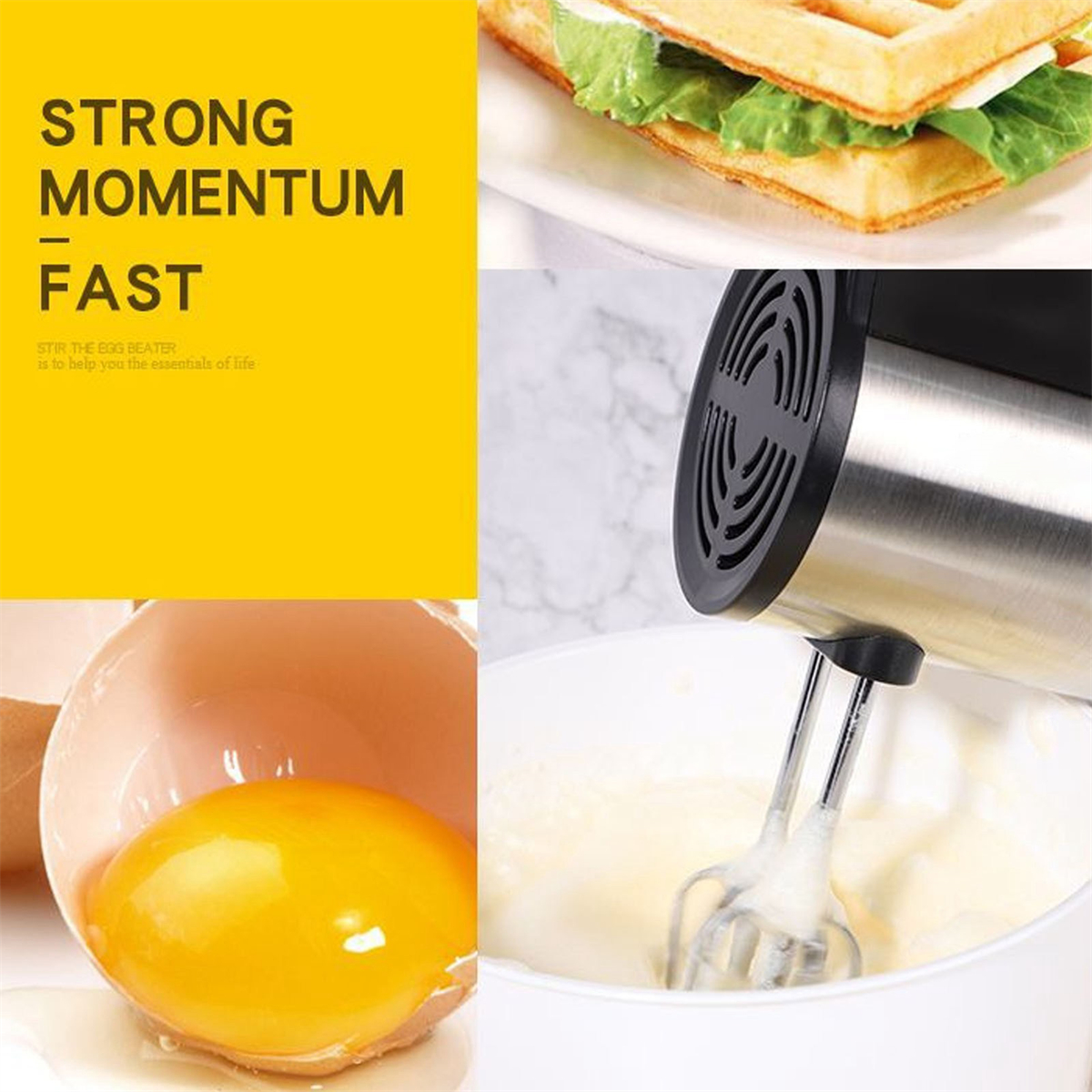 Eine Collage von Bildern der Essenszubereitung: Waffeln, geschlagenes Ei und ein Mixer in Aktion.