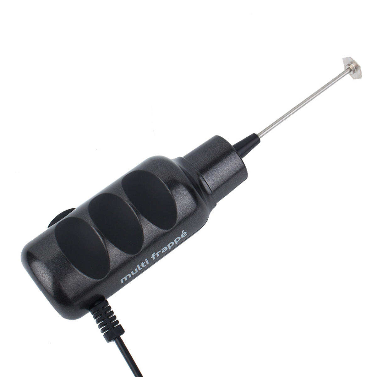 Handlicher schwarzer Multi-Frappe-Mixer mit schwarzem Griff und Metall-Schneebesen-Aufsatz. Weißer Hintergrund.