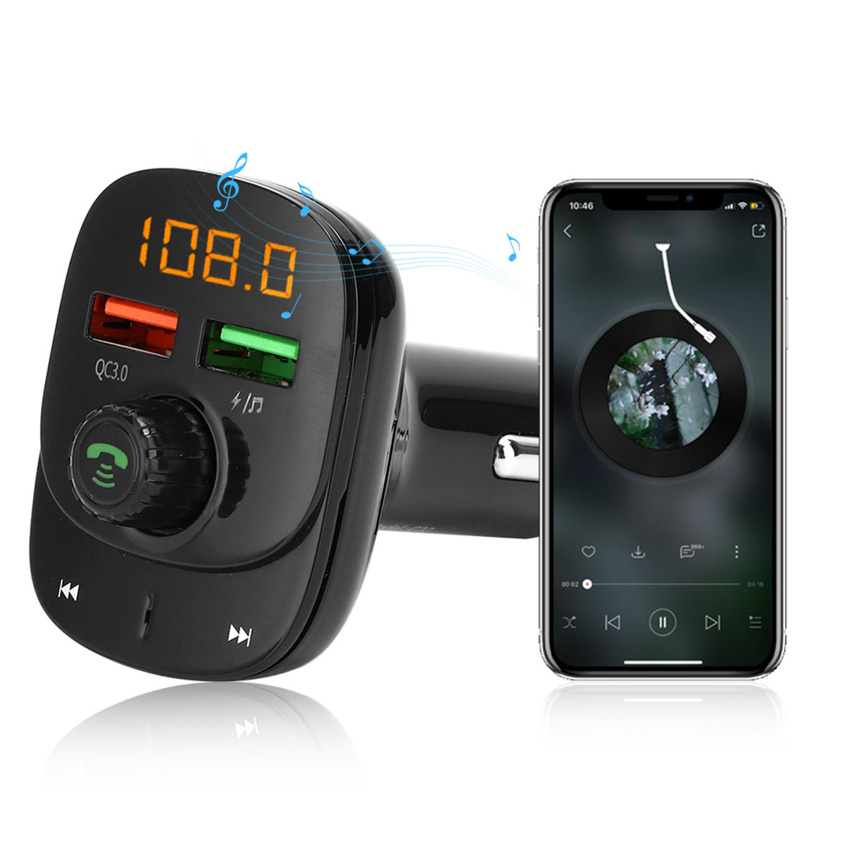 Schwarzer FM-Transmitter fürs Auto mit Display, das die Radiofrequenz zeigt, und Telefon.