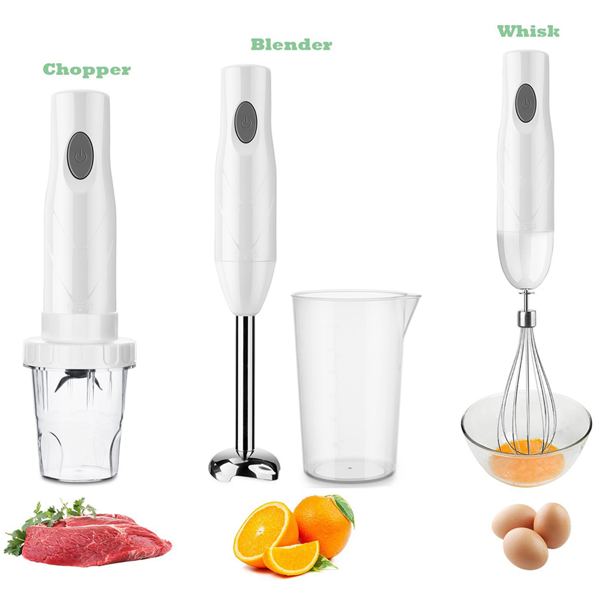 Zerkleinerer, Mixer und Schneebesen mit Zutaten (Fleisch, Orangen, Eier). Jeder hat einen Ein- / Ausschalter.