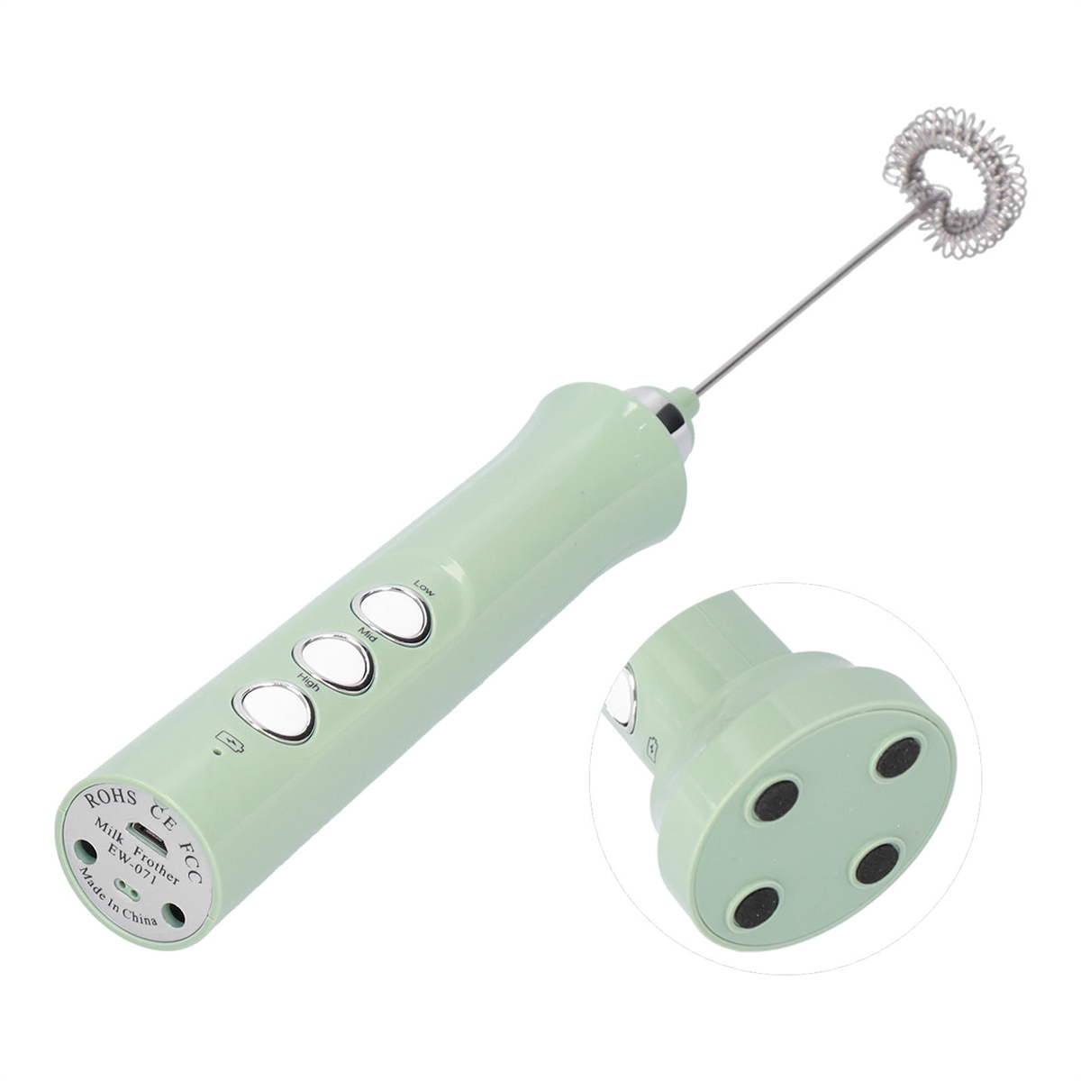 Grüner Milchaufschäumer mit Schneebesenaufsatz und Bedienknöpfen.
