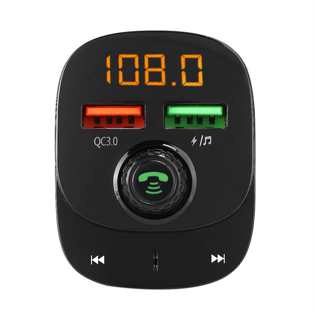 Schwarzes Autoladegerät mit USB-Anschlüssen und Digitalanzeige mit '108.0'.