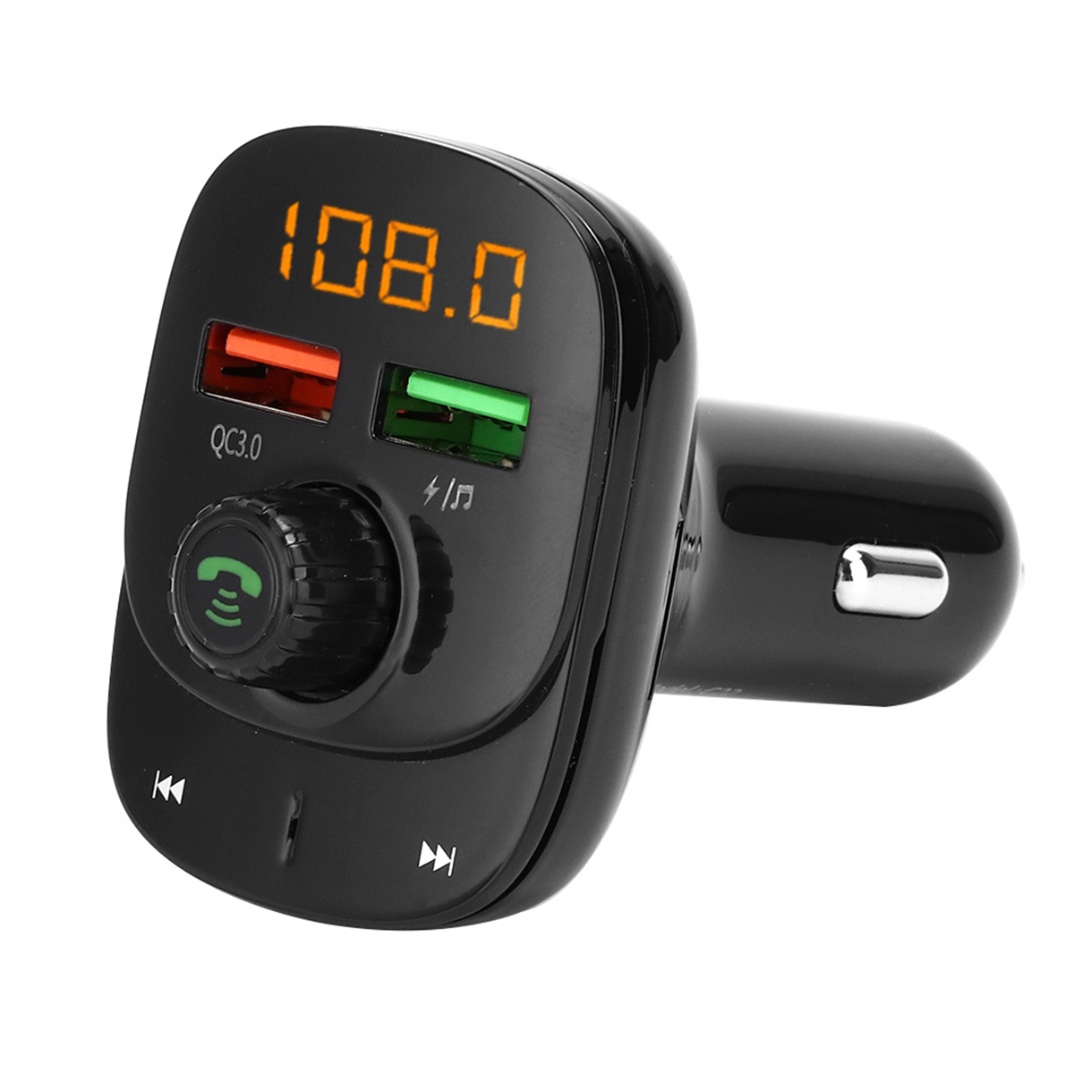 Schwarzes Autoladegerät mit 108,0 FM, zwei USB-Anschlüssen und Tasten.