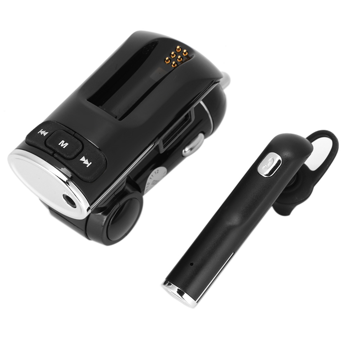 Schwarzes Gerät mit Knöpfen und ein separates schwarzes Bluetooth-Headset.
