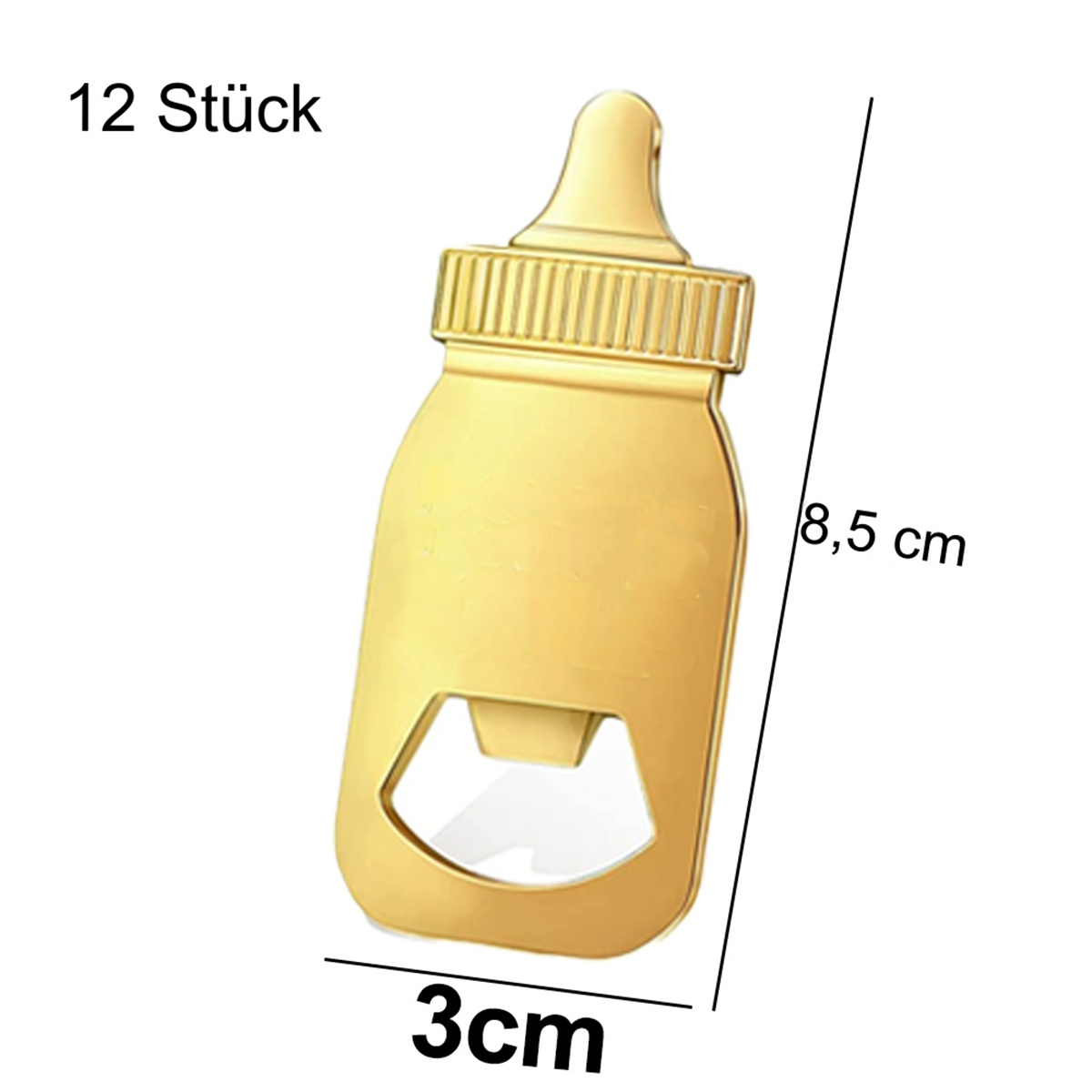 Goldener Flaschenöffner in Form einer Babyflasche mit Maßen.