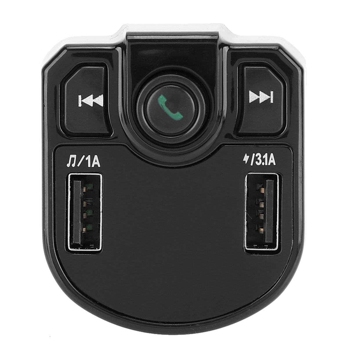 Schwarz-weißes Autoladegerät mit USB-Anschlüssen und Tasten, mit einem Telefonsymbol darauf.