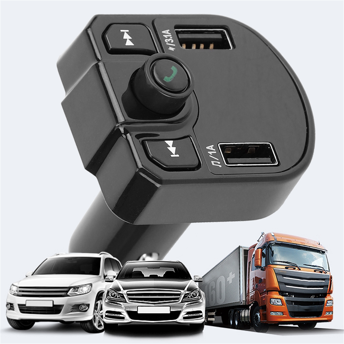 Ein schwarzes Autoladegerät mit USB-Anschlüssen und einer Telefontaste. Autos und ein LKW im Hintergrund.