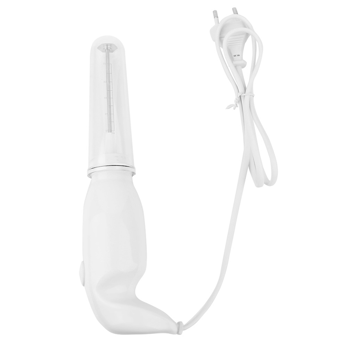 Ein weißer, handgehaltener Milchaufschäumer mit Netzkabel wird präsentiert.