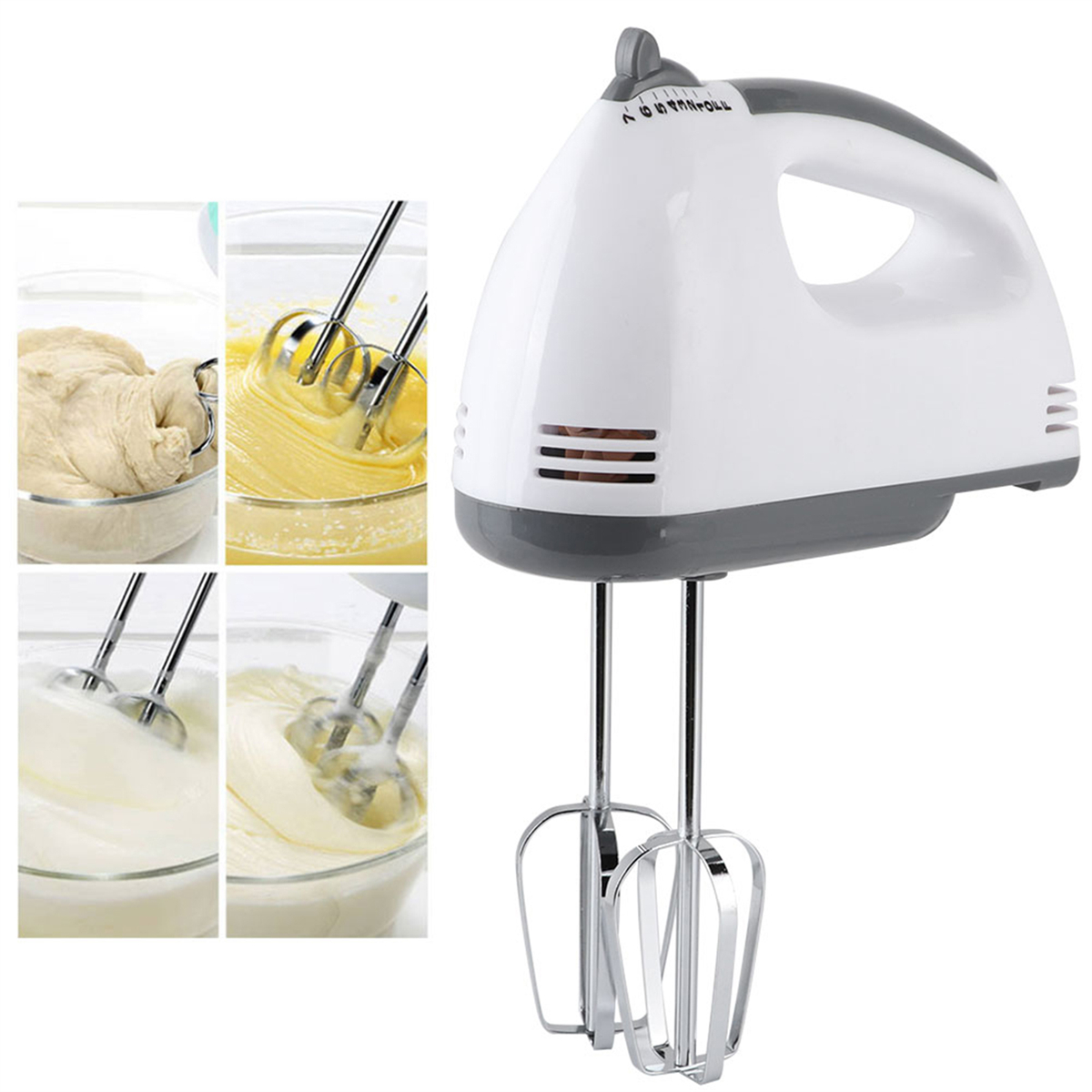 Weißer und grauer Handmixer mit Aufsätzen und Nahaufnahmen vom Mischen.