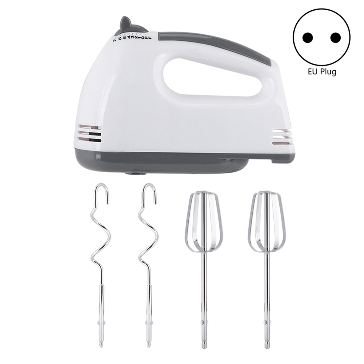 Weißer und grauer Handmixer mit Aufsätzen und einem EU-Stecker.
