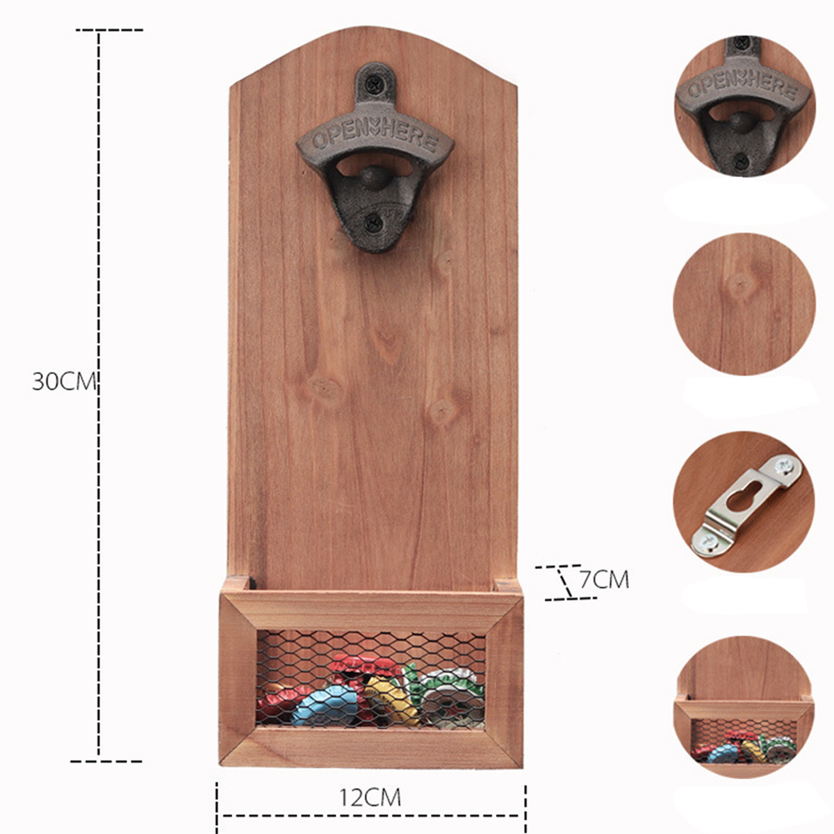 Flaschenöffner aus Holz mit kleinem Korb für Kronkorken. Abmessungen sind angegeben.