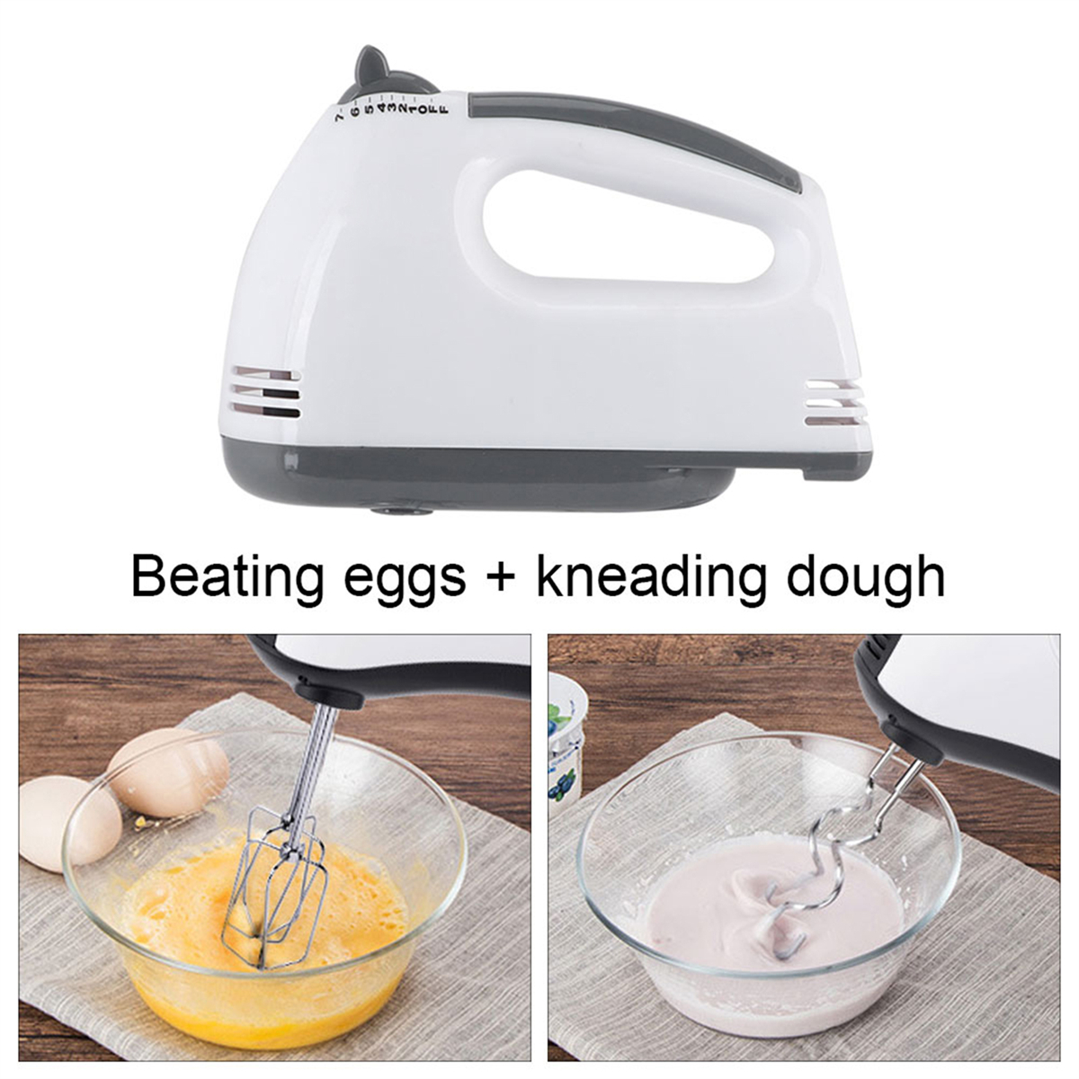 Ein weißer und grauer Handmixer mit mehreren Geschwindigkeiten. Bilder zeigen Eier schlagen und Teig kneten.