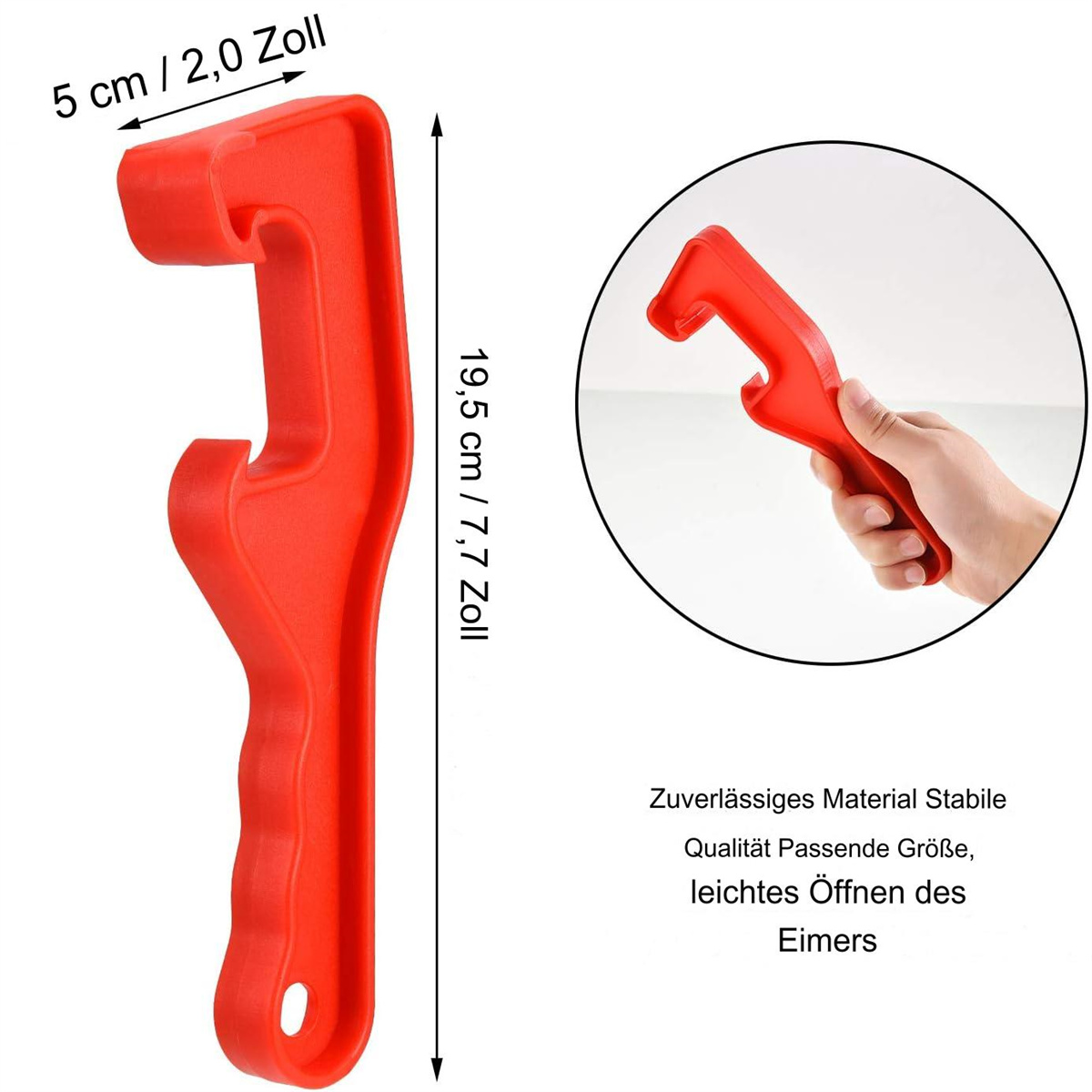 Rotes Kunststoff-Eimeröffner-Werkzeug, mit Abmessungen und einer Hand, die es hält.