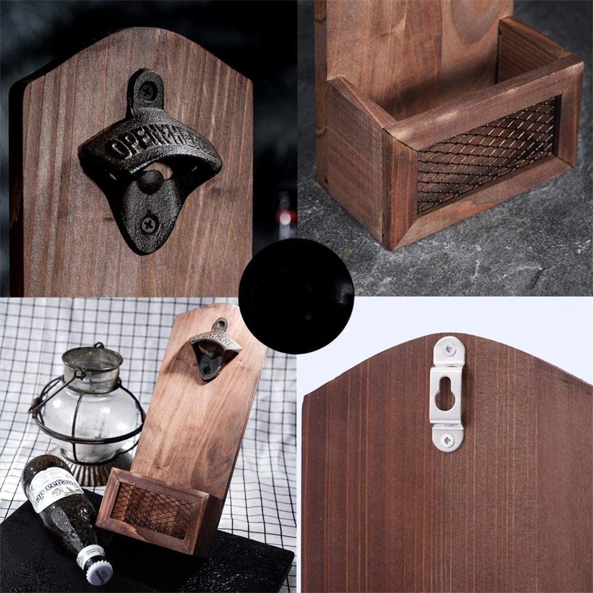 Eine Collage aus Holz-Wanddekorationen, darunter ein Flaschenöffner und ein kleines Regal.