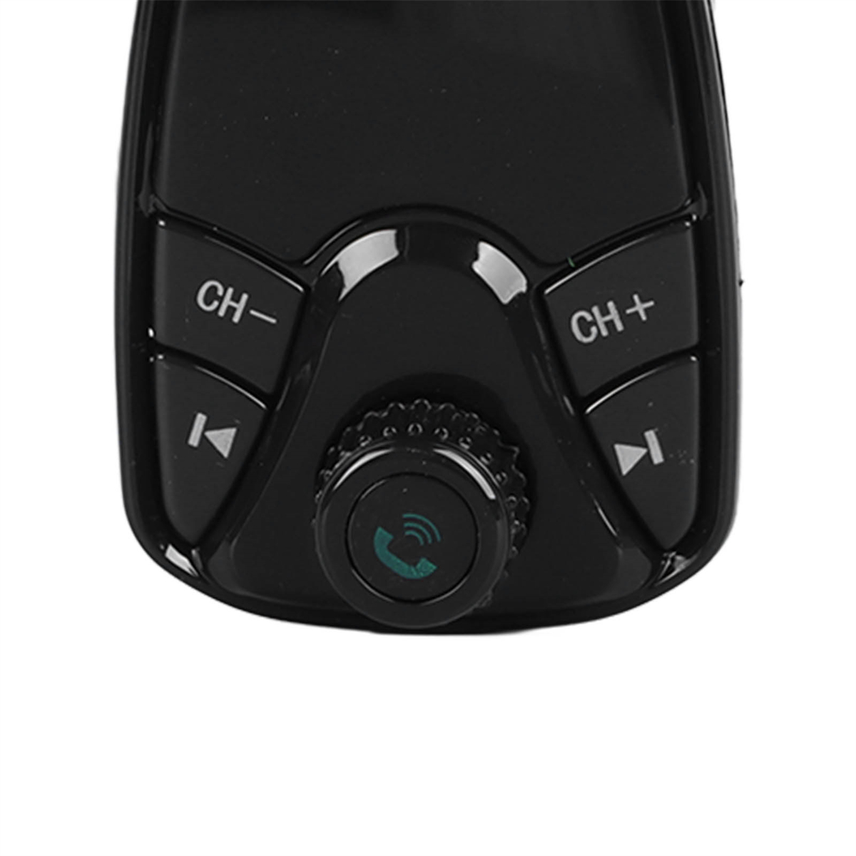 Schwarzes Auto-Audiogerät mit Tasten: CH-, CH+, Wiedergabe/Pause und Anruftaste.
