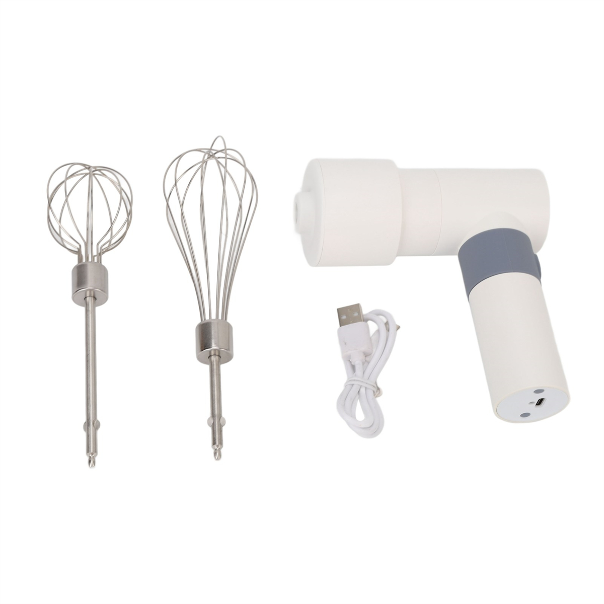 Ein weißer und grauer Handmixer mit Schneebesen und Schlägern, und einem USB-Kabel.