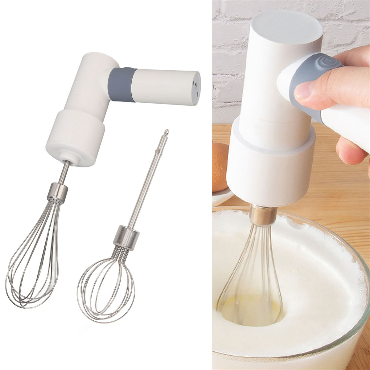 Weißer elektrischer Mixer mit zwei verschiedenen Schneebesen, einer mischt die Sahne.