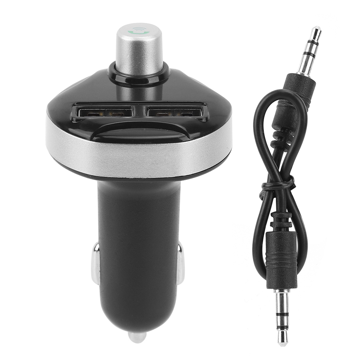 Schwarzes und silbernes Autoladegerät mit zwei USB-Anschlüssen und separatem Aux-Kabel.