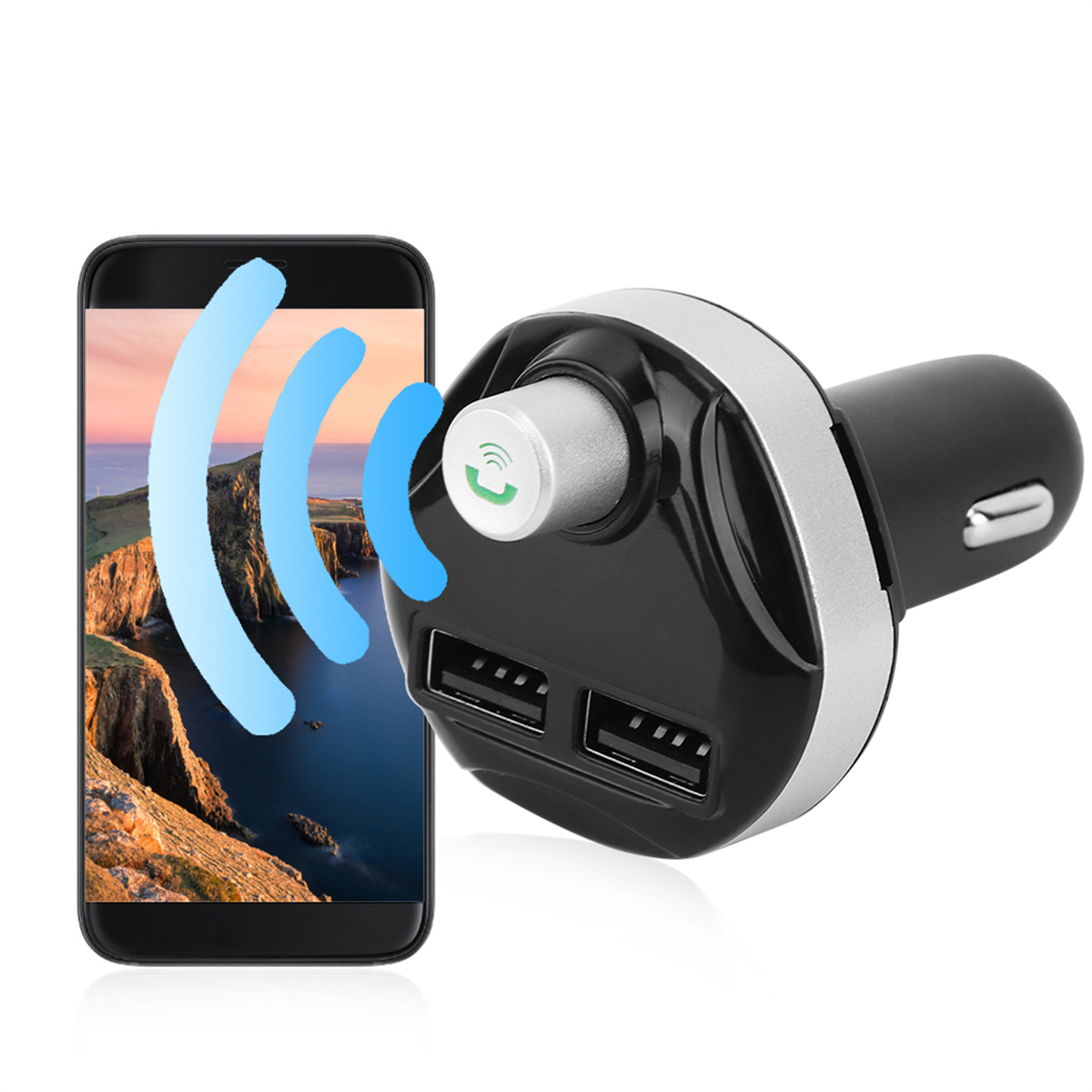 Ein Autoladegerät mit zwei USB-Anschlüssen, gepaart mit einem Smartphone, das ein Anruf-Symbol und Signal anzeigt.