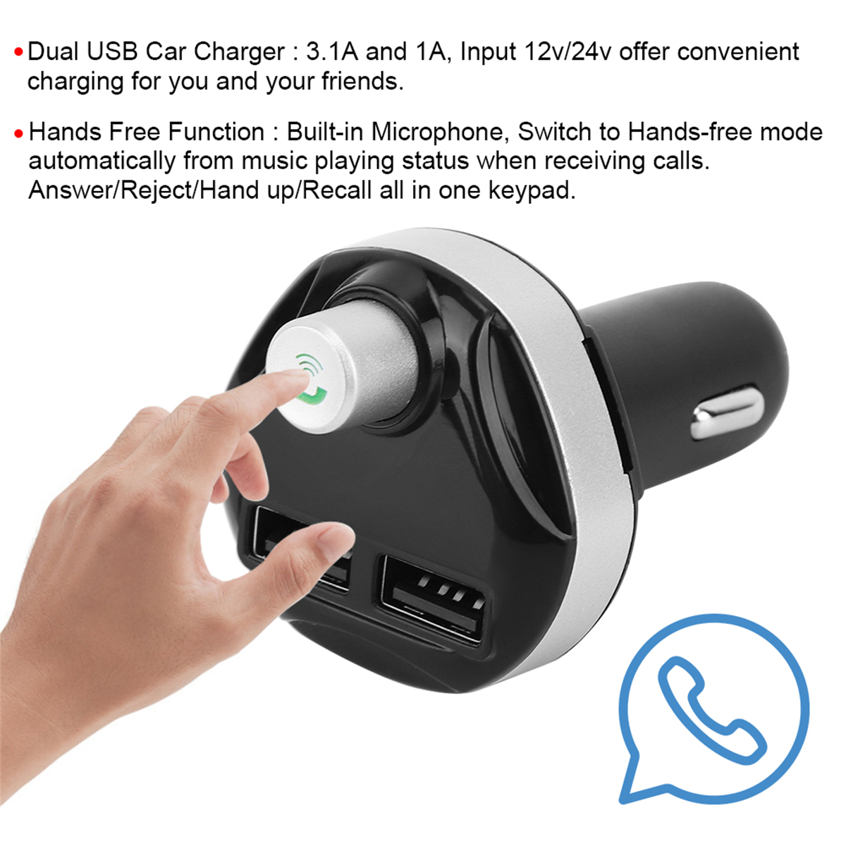 Schwarzes Autoladegerät mit zwei USB-Anschlüssen, Hand berührt Knopf.