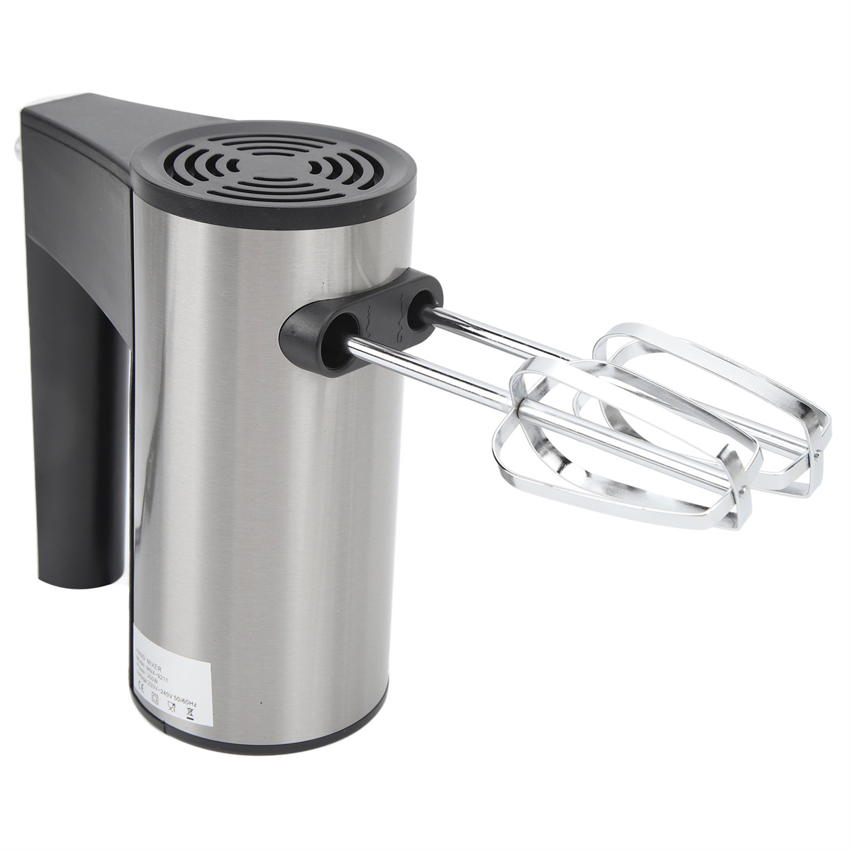Elektrischer Mixer. Ein silberfarbener Metallmixer mit schwarzem Griff und schwarzer oberer Abdeckung.