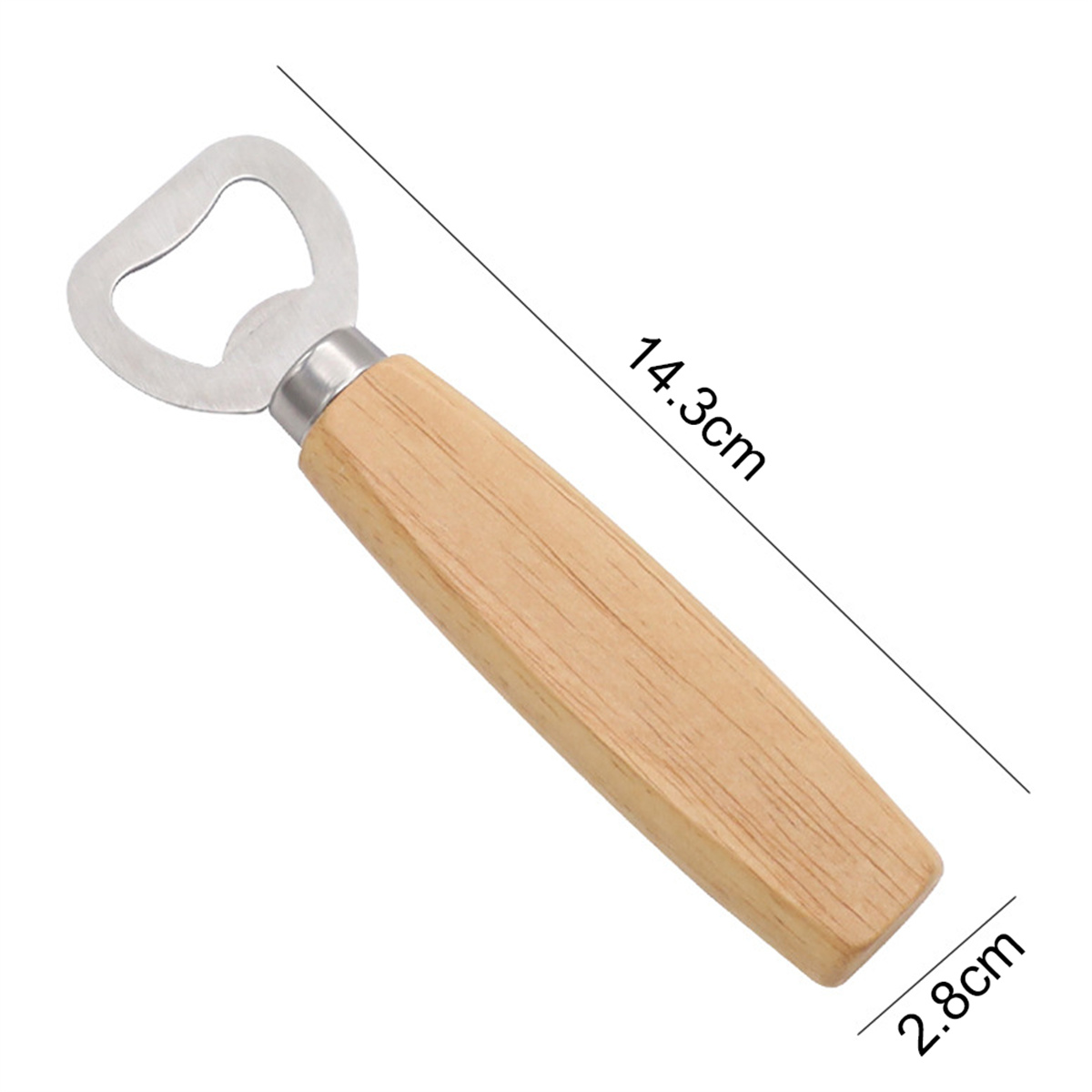Ein Flaschenöffner mit Holzgriff auf weißem Hintergrund, Abmessungen sind beschriftet.