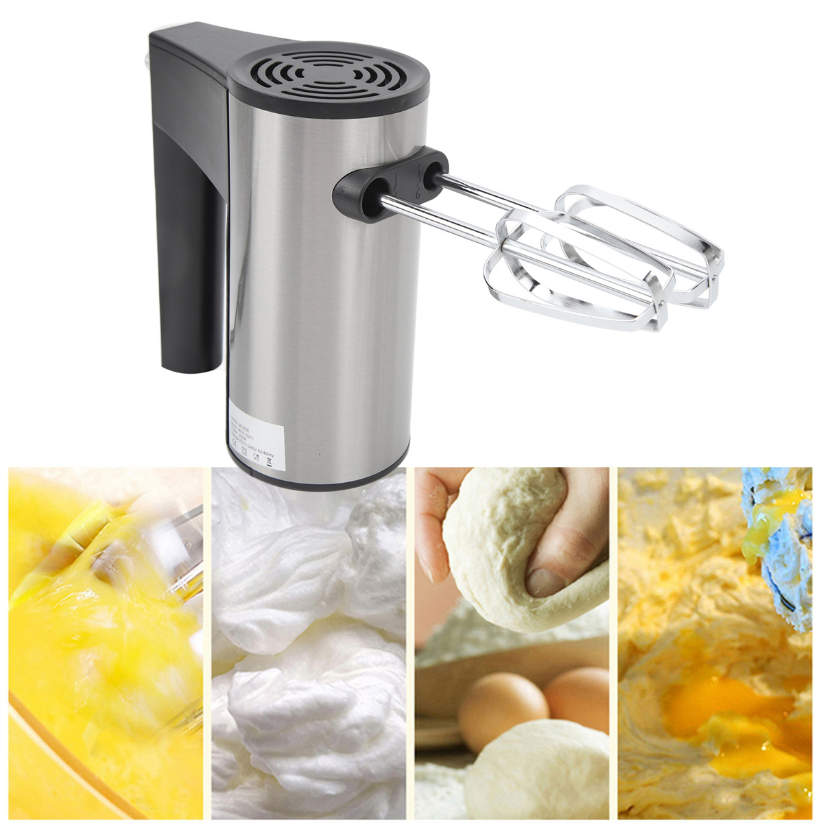 Silberner Handmixer mit vier Bildern, die Zutaten und Mischstadien zeigen: Eier, Sahne, Teig und Teig.