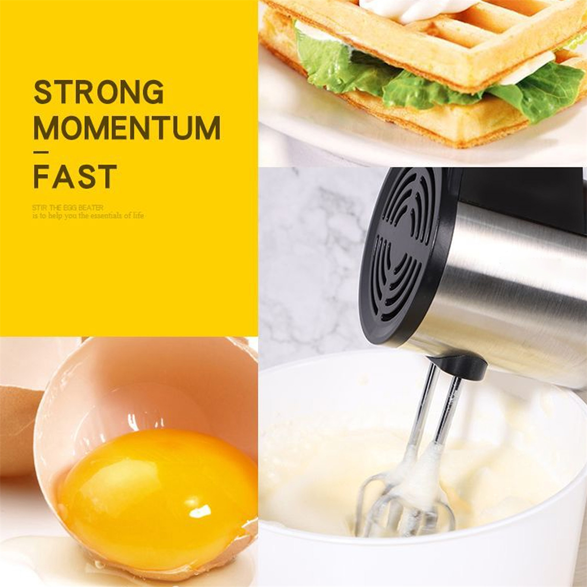 Das Bild zeigt die Zubereitung des Frühstücks. Waffel mit Salat, eine Schüssel mit Eiern und ein Mixer. Gelber Hintergrund mit Text.