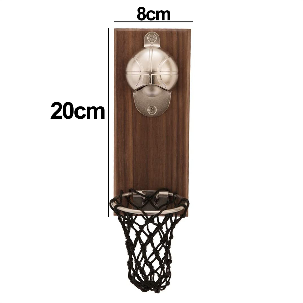 Ein Basketballkorb aus Holz mit einem Metallnetz und einer Platte, montiert auf weißem Hintergrund.