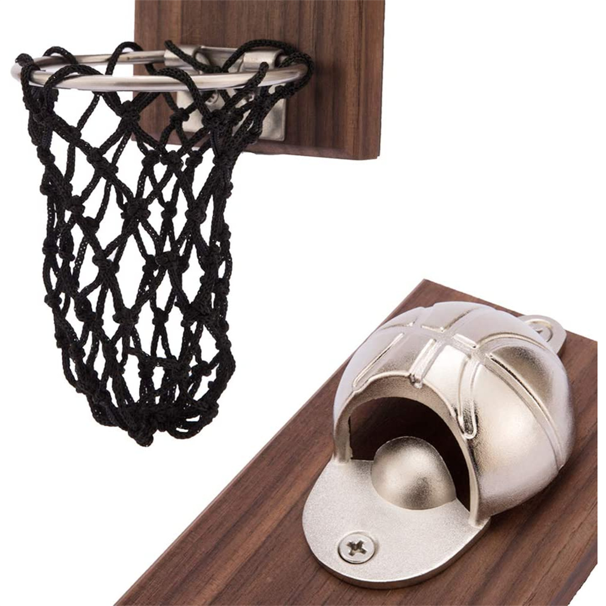 Miniatur-Basketballkorb und Flaschenöffner auf Holzbrettern. Das Netz ist schwarz.