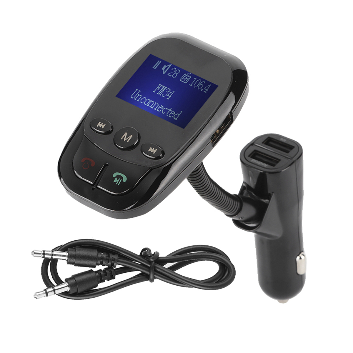 Ein schwarzer Auto-Audioadapter mit Bildschirm und zwei USB-Anschlüssen. Es gibt ein Kabel und einen Aux-Anschluss.