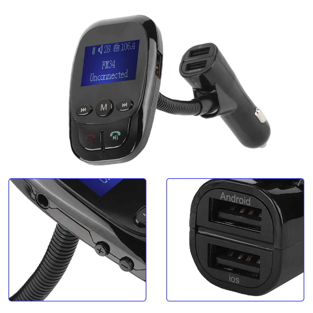Schwarzer Auto-MP3-Player mit verstellbarem Hals. Hat zwei USB-Anschlüsse zum Aufladen.