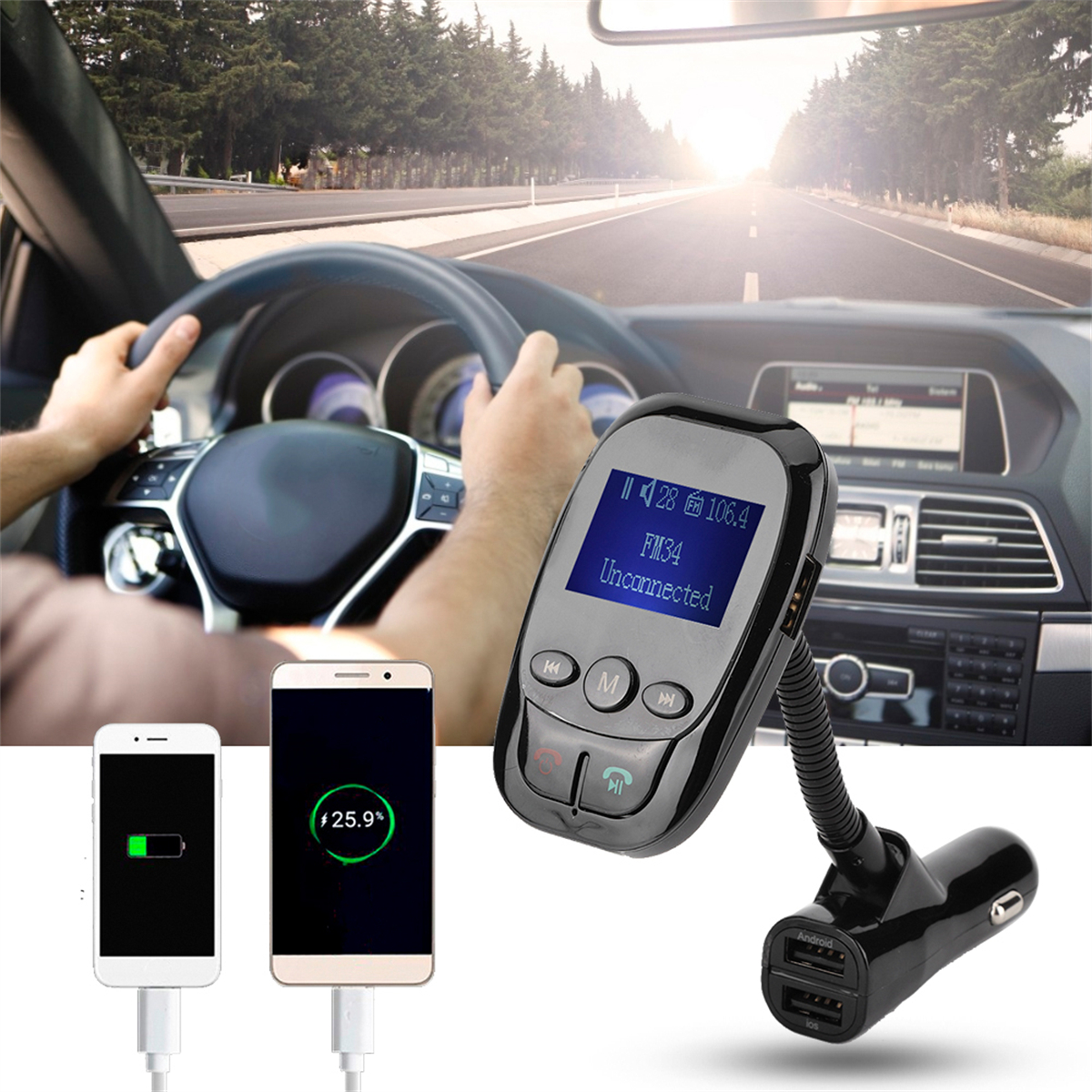 Autointerieur: Hände am Lenkrad, Handys laden und ein schwarzer FM-Transmitter mit 'Unconnected'.